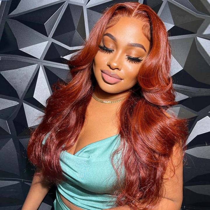 eullair Cooper Brown Body Wave Wig Glueless Layered Cut Curtain Bangs Orange Ginger Colored Human Hair Lace Frontal Wig