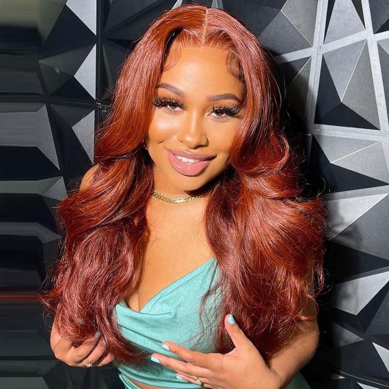 eullair Cooper Brown Body Wave Wig Glueless Layered Cut Curtain Bangs Orange Ginger Colored Human Hair Lace Frontal Wig