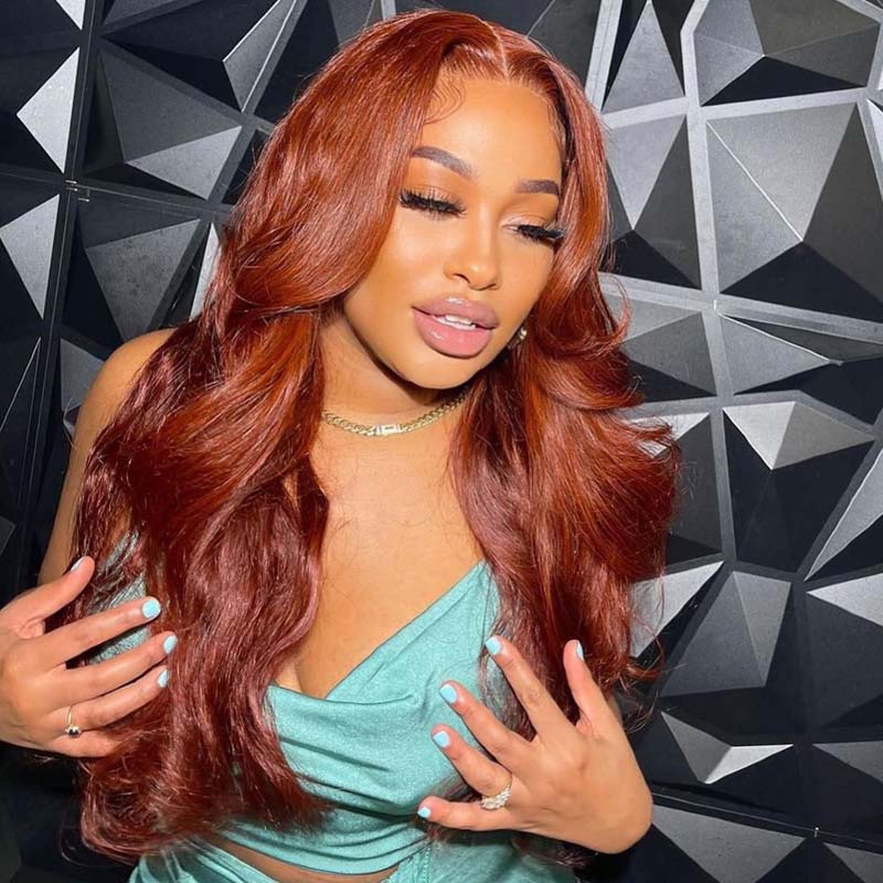 eullair Cooper Brown Body Wave Wig Glueless Layered Cut Curtain Bangs Orange Ginger Colored Human Hair Lace Frontal Wig