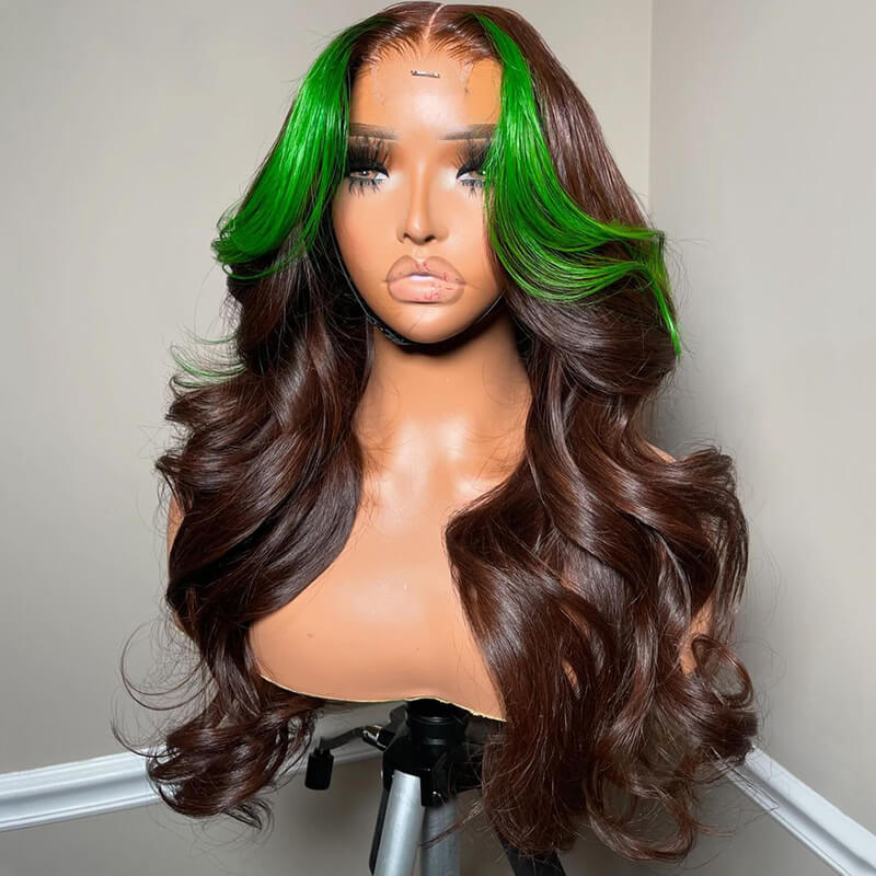 eullair Dark Brown Body Wave Wig With Green Highlights Skunk Stripe Lace Frontal Human Hair Wig Pre Colored Glueless Wig