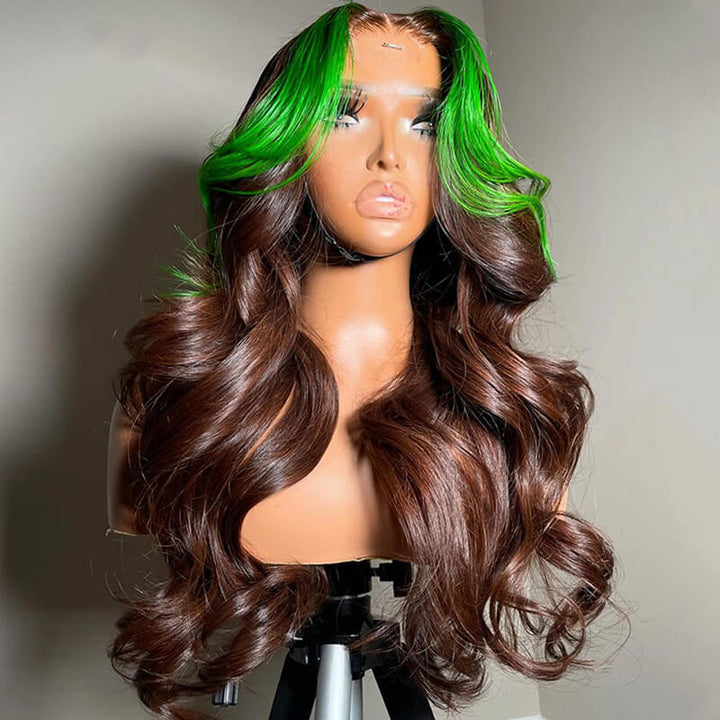 eullair Dark Brown Body Wave Wig With Green Highlights Skunk Stripe Lace Frontal Human Hair Wig Pre Colored Glueless Wig