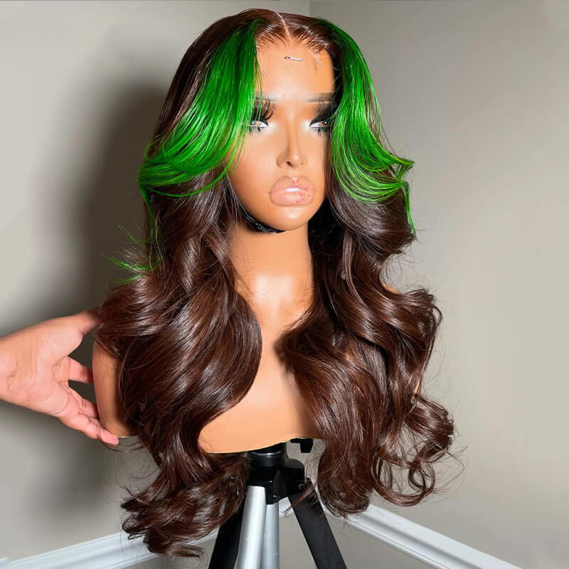 eullair Dark Brown Body Wave Wig With Green Highlights Skunk Stripe Lace Frontal Human Hair Wig Pre Colored Glueless Wig