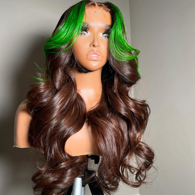 eullair Dark Brown Body Wave Wig With Green Highlights Skunk Stripe Lace Frontal Human Hair Wig Pre Colored Glueless Wig