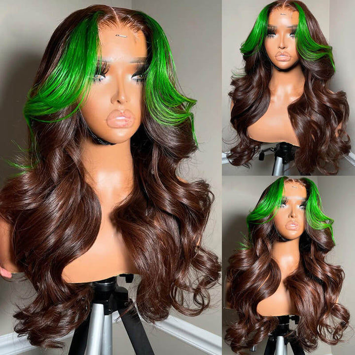 eullair Dark Brown Body Wave Wig With Green Highlights Skunk Stripe Lace Frontal Human Hair Wig Pre Colored Glueless Wig