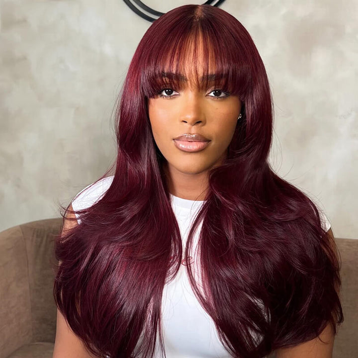 eullair Dark Burgundy Layered Cut Straight with Bangs Glueless Human Hair Lace Frontal Wig For Women