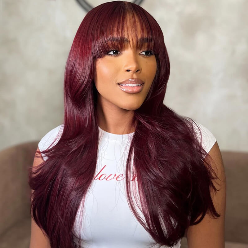 eullair Dark Burgundy Layered Cut Straight with Bangs Glueless Human Hair Lace Frontal Wig For Women