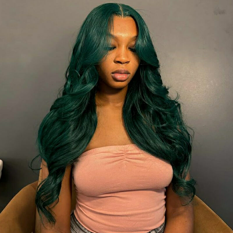 eullair Dark Green Body Wave Wig with Layered Curtain Bangs Glueless Human Hair Lace Frontal Wig For Women