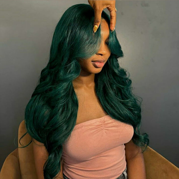 eullair Dark Green Body Wave Wig with Layered Curtain Bangs Glueless Human Hair Lace Frontal Wig For Women