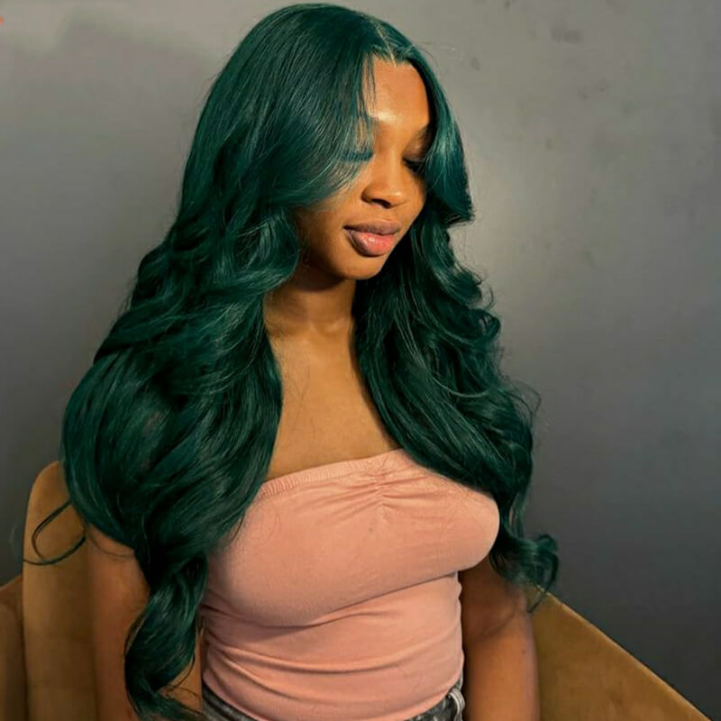 eullair Dark Green Body Wave Wig with Layered Curtain Bangs Glueless Human Hair Lace Frontal Wig For Women