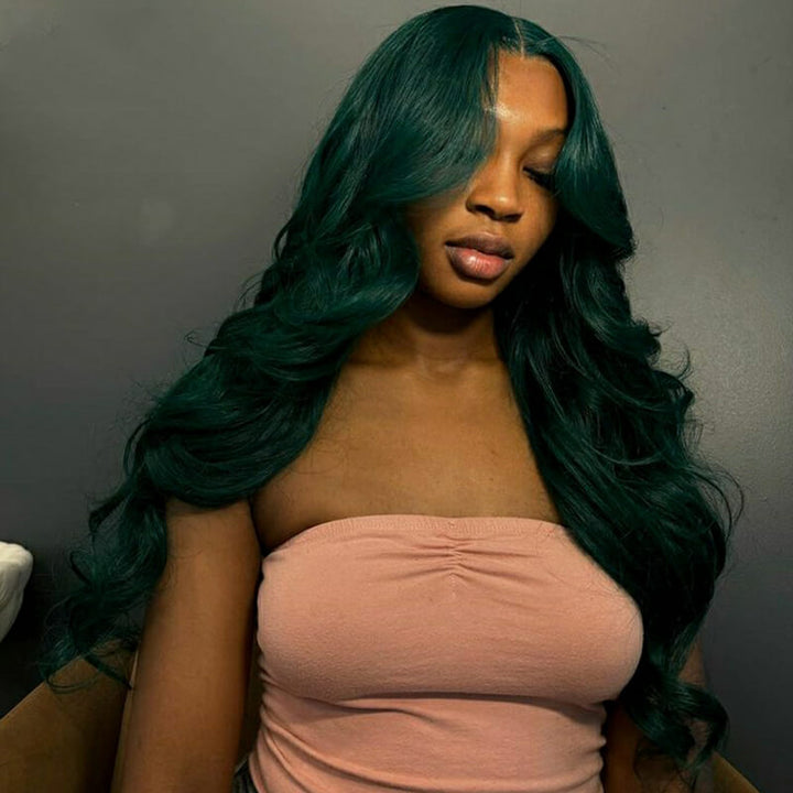 eullair Dark Green Body Wave Wig with Layered Curtain Bangs Glueless Human Hair Lace Frontal Wig For Women