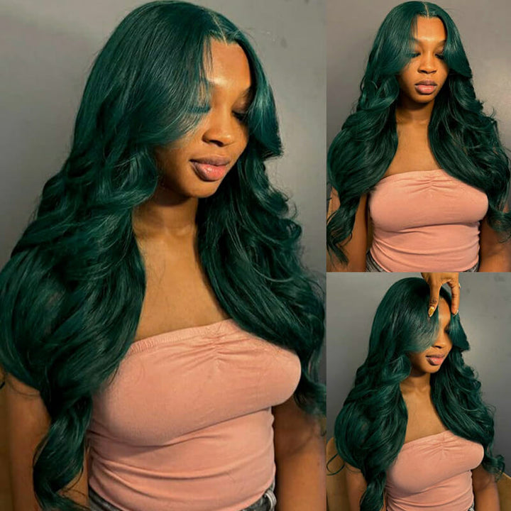 eullair Dark Green Body Wave Wig with Layered Curtain Bangs Glueless Human Hair Lace Frontal Wig For Women