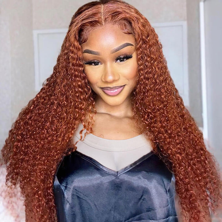 eullair Ginger Brown Kinky Curly Lace Frontal Wig Affordable Glueless Human Hair Wig For Black Women