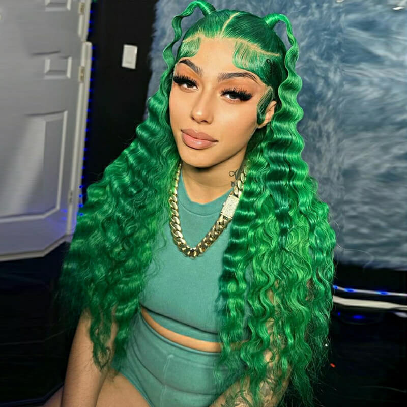 eullair Green Deep Wave Lace Frontal Wig Fashionable Glueless Human Hair Wig For Black Women