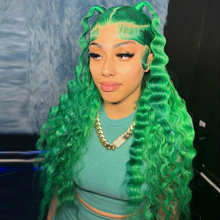 eullair Green Deep Wave Lace Frontal Wig Fashionable Glueless Human Hair Wig For Black Women