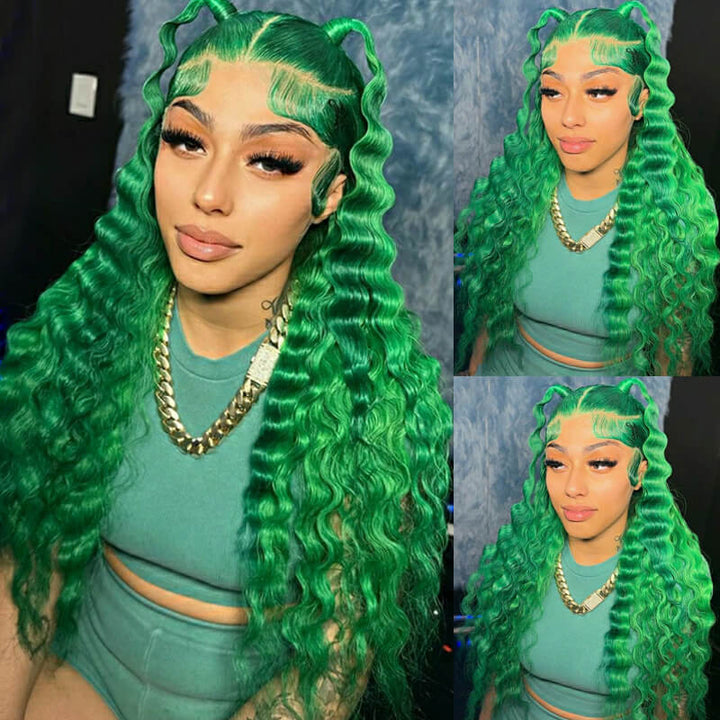 eullair Green Deep Wave Lace Frontal Wig Fashionable Glueless Human Hair Wig For Black Women