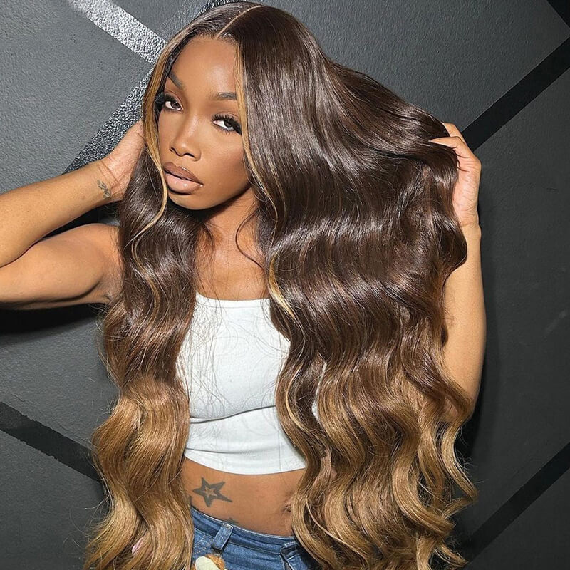 eullair Honey Brown Skunk Stripe Body Wave Glueless Human Hair Wig Brown With Blonde Lace Frontal Wig