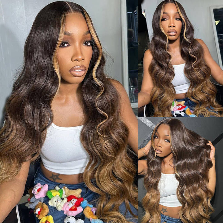 eullair Honey Brown Skunk Stripe Body Wave Glueless Human Hair Wig Brown With Blonde Lace Frontal Wig