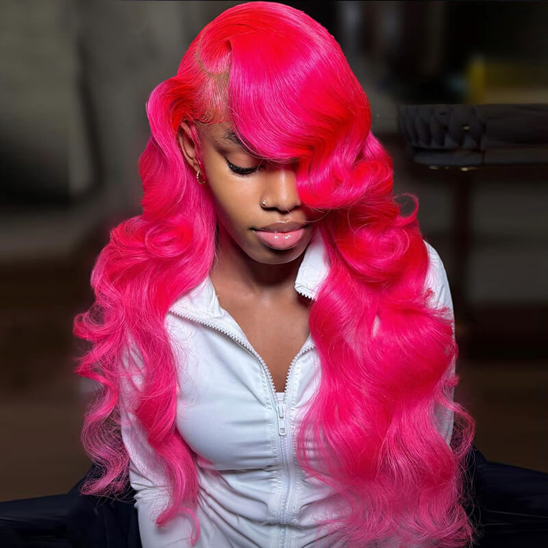 eullair Pre Colored Hot Pink Body Wave 13x4 Lace Frontal Human Hair Wig Transparent Lace For Black Women