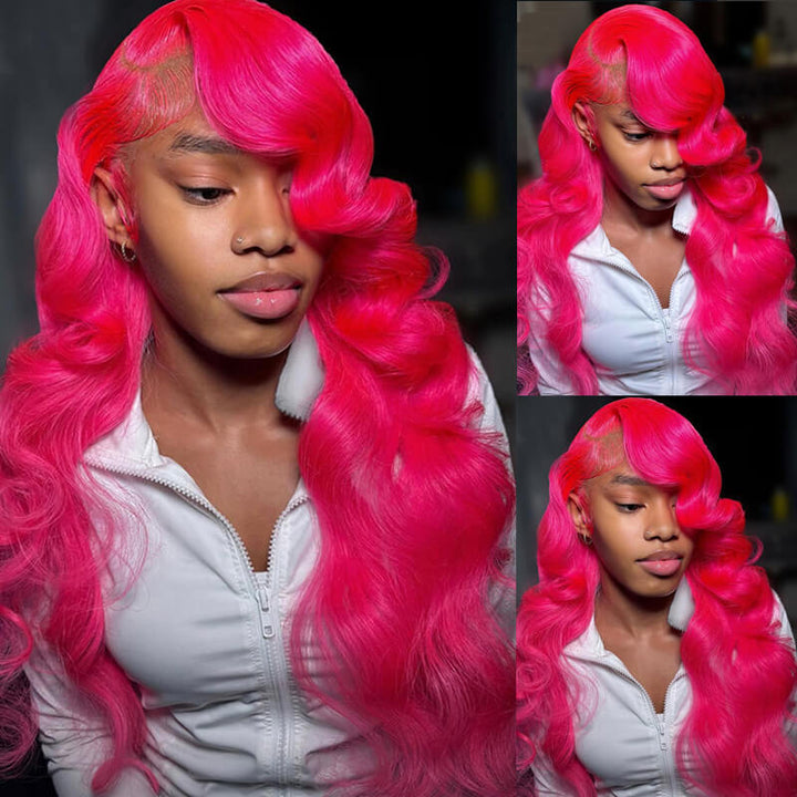 eullair Pre Colored Hot Pink Body Wave 13x4 Lace Frontal Human Hair Wig Transparent Lace For Black Women