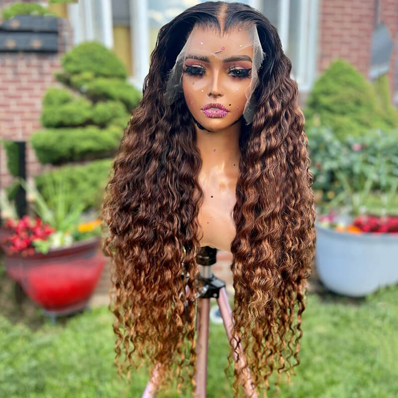 eullair Ombre 1b/Brown Deep Curly Human Hair Wig Transparent HD Lace Frontal Wig For Black Women