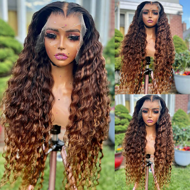 eullair Ombre 1b/Brown Deep Curly Human Hair Wig Transparent HD Lace Frontal Wig For Black Women