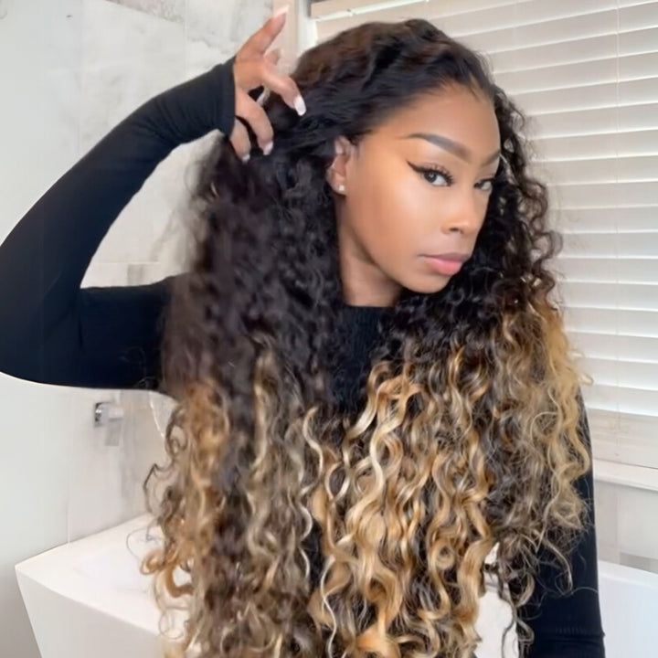 eullair Ombre 1b Honey Blonde Water Wave Glueless Lace Frontal Wig Breathable HD Lace Pre Colored Two Tones Curly Human Hair Wig Easy Install and Low Maintenance