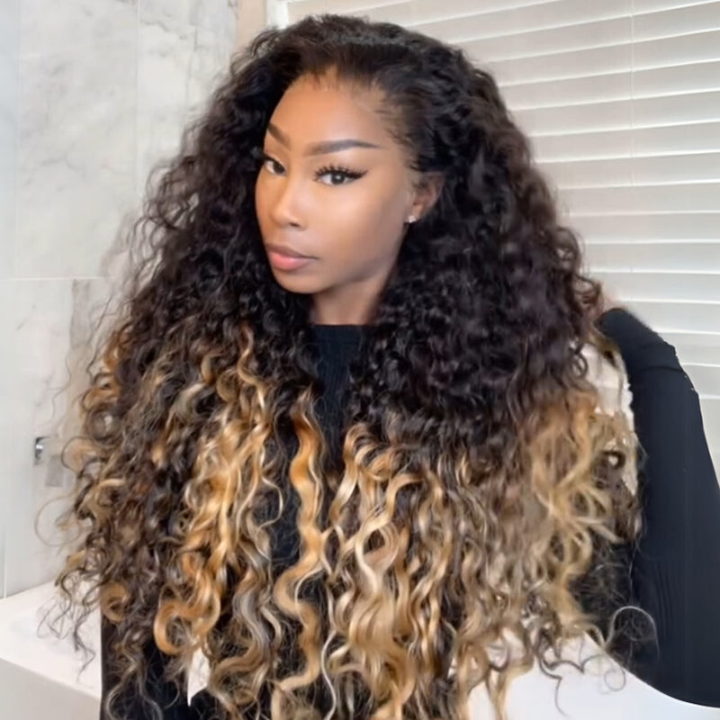 eullair Ombre 1b Honey Blonde Water Wave Glueless Lace Frontal Wig Breathable HD Lace Pre Colored Two Tones Curly Human Hair Wig Easy Install and Low Maintenance