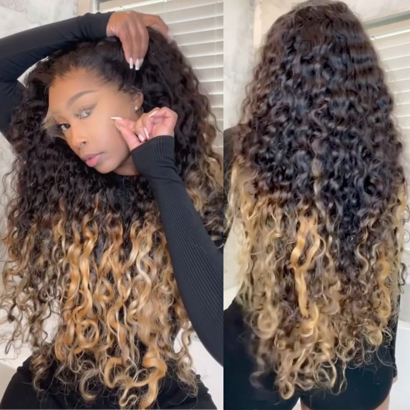 eullair Ombre 1b Honey Blonde Water Wave Glueless Lace Frontal Wig Breathable HD Lace Pre Colored Two Tones Curly Human Hair Wig Easy Install and Low Maintenance