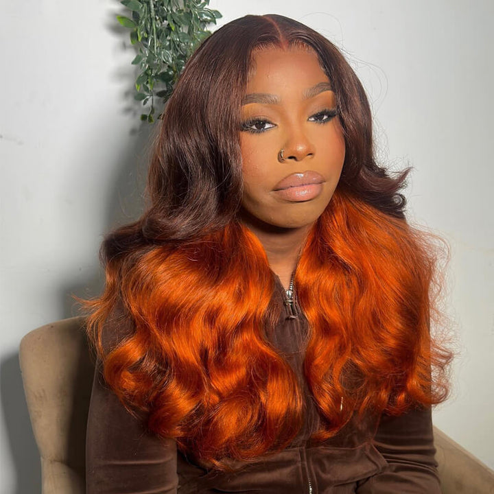 eullair Ombre Brown Ginger Orange Body Wave Human Hair Wig Transparent Lace Frontal Wig For Women