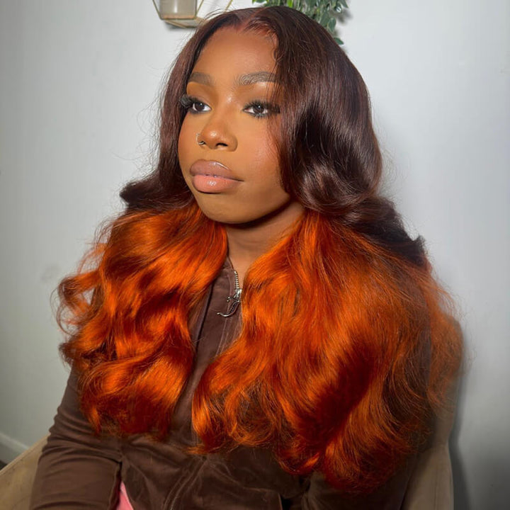 eullair Ombre Brown Ginger Orange Body Wave Human Hair Wig Transparent Lace Frontal Wig For Women