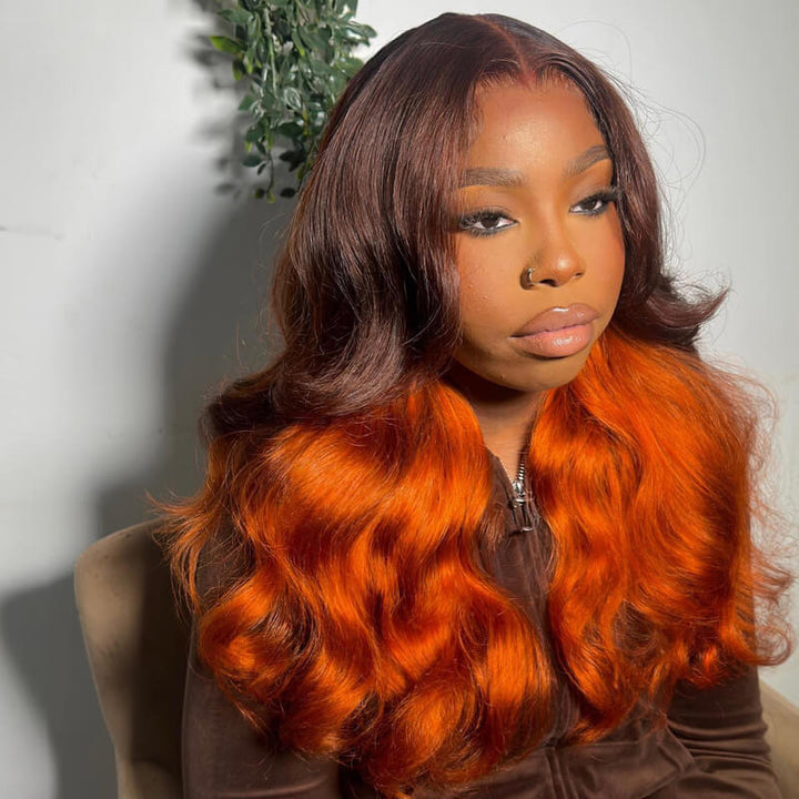 eullair Ombre Brown Ginger Orange Body Wave Human Hair Wig Transparent Lace Frontal Wig For Women