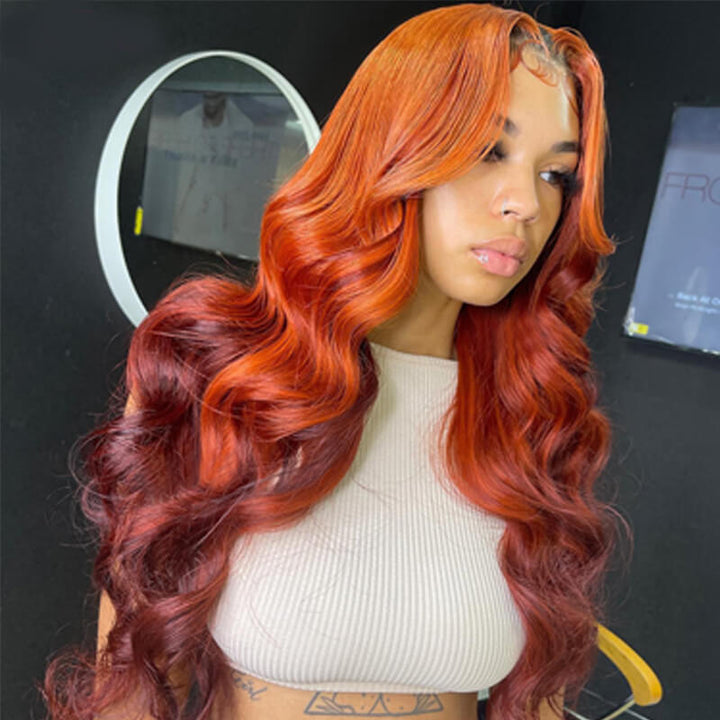 eullair Fabulous Ombre Ginger Cooper Brown Body Wave Human Hair Wig Two Tones Lace Frontal Wig