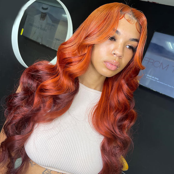 eullair Fabulous Ombre Ginger Cooper Brown Body Wave Human Hair Wig Two Tones Lace Frontal Wig