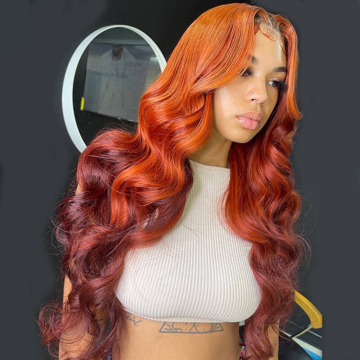 eullair Fabulous Ombre Ginger Cooper Brown Body Wave Human Hair Wig Two Tones Lace Frontal Wig