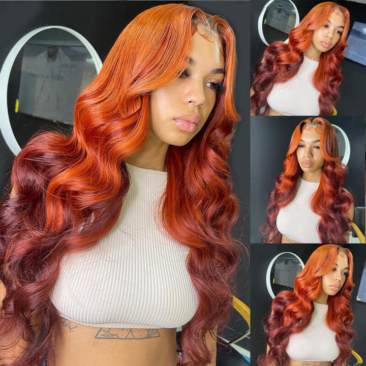 eullair Fabulous Ombre Ginger Cooper Brown Body Wave Human Hair Wig Two Tones Lace Frontal Wig