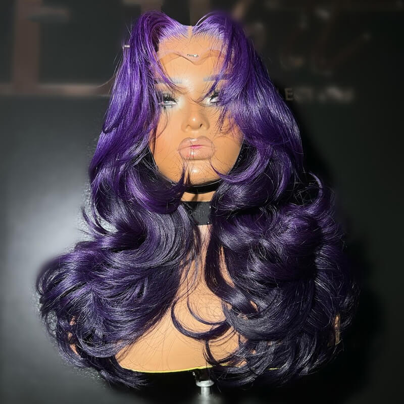 eullair Ombre Two Tones Purple Body Wave Wig with Layered Haircut Pre Colored Glueless Human Hair Lace Frontal Wig For Women