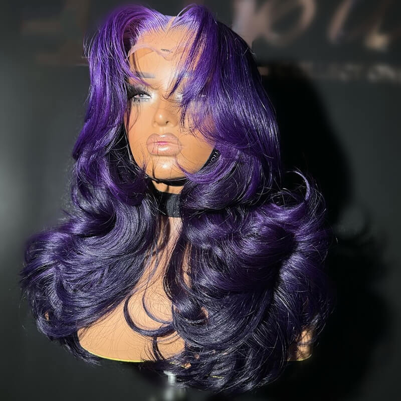 eullair Ombre Two Tones Purple Body Wave Wig with Layered Haircut Pre Colored Glueless Human Hair Lace Frontal Wig For Women