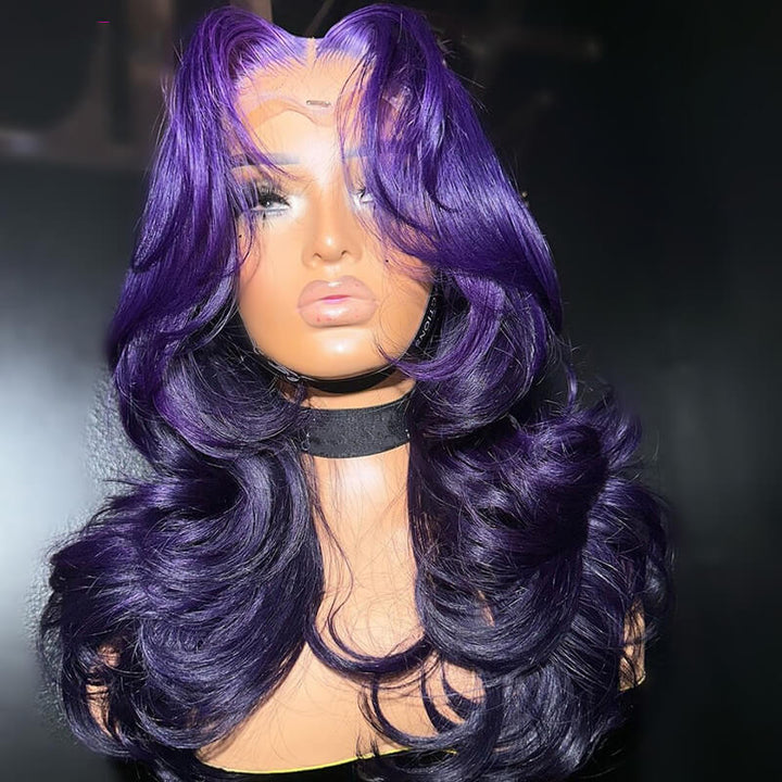 eullair Ombre Two Tones Purple Body Wave Wig with Layered Haircut Pre Colored Glueless Human Hair Lace Frontal Wig For Women