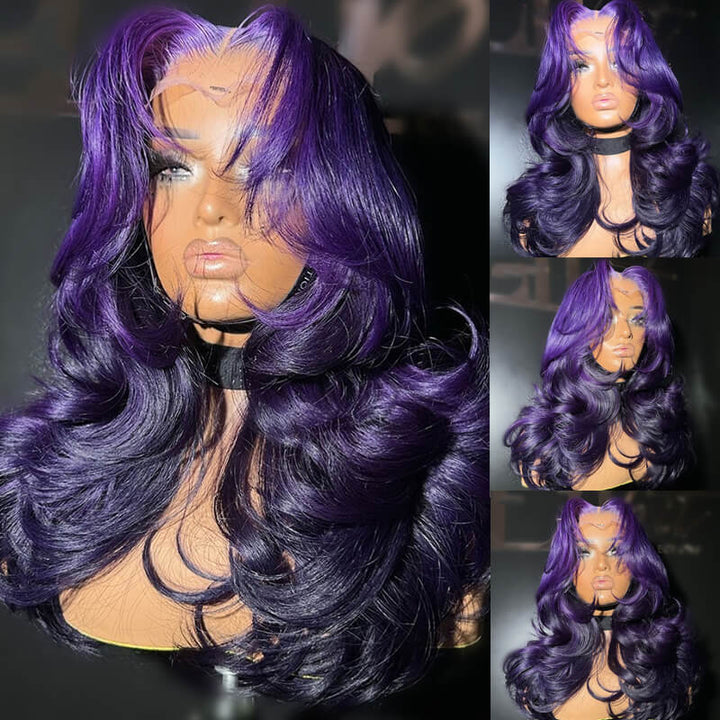 eullair Ombre Two Tones Purple Body Wave Wig with Layered Haircut Pre Colored Glueless Human Hair Lace Frontal Wig For Women