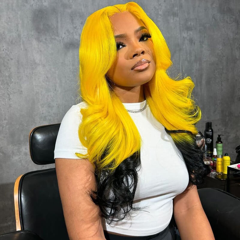 eullair Ombre Yellow Black Body Wave 13x4 Lace Frontal Human Hair Wig Transparent Lace For Black Women