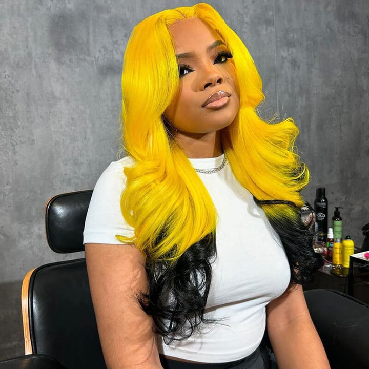 eullair Ombre Yellow Black Body Wave 13x4 Lace Frontal Human Hair Wig Transparent Lace For Black Women