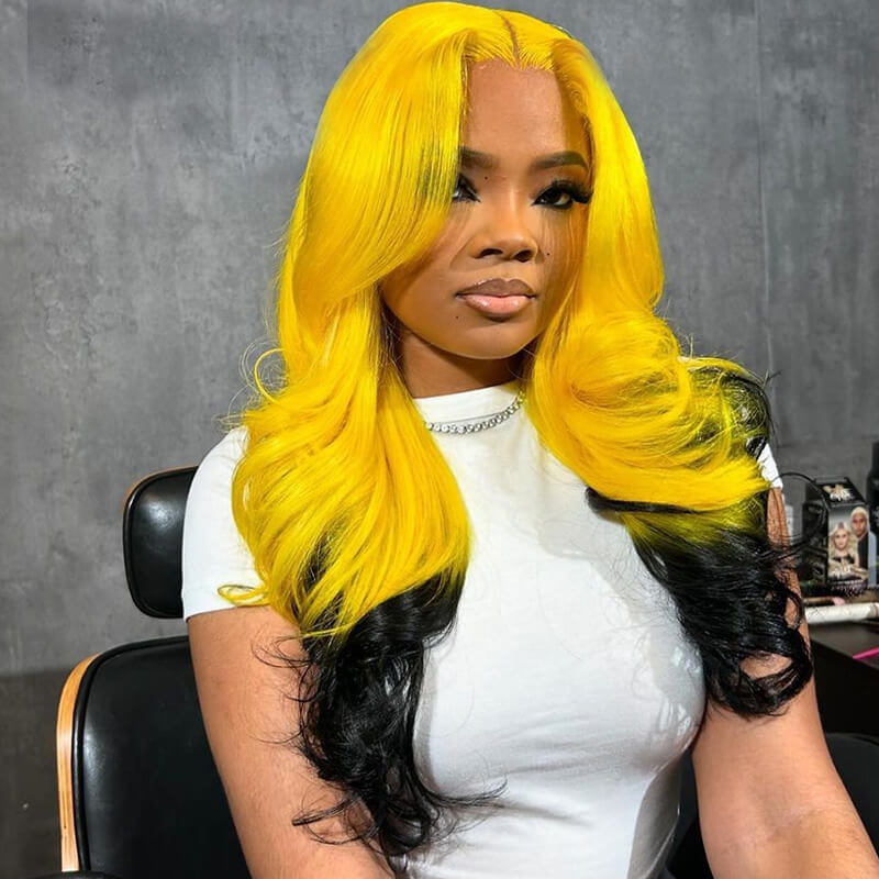 eullair Ombre Yellow Black Body Wave 13x4 Lace Frontal Human Hair Wig Transparent Lace For Black Women