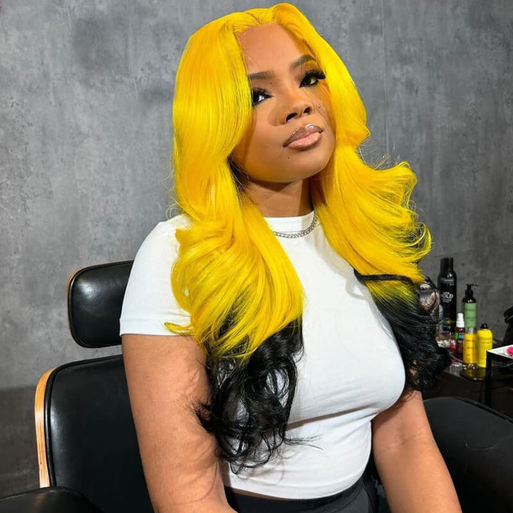 eullair Ombre Yellow Black Body Wave 13x4 Lace Frontal Human Hair Wig Transparent Lace For Black Women