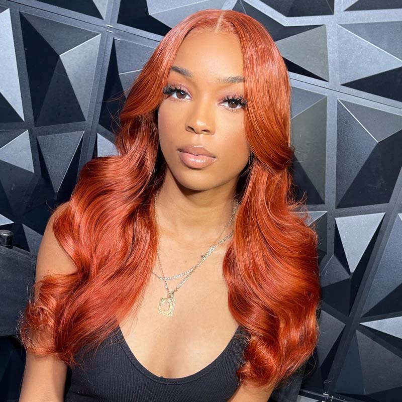 eullair Cooper Brown Body Wave Wig Glueless Layered Cut Curtain Bangs Orange Ginger Colored Human Hair Lace Frontal Wig