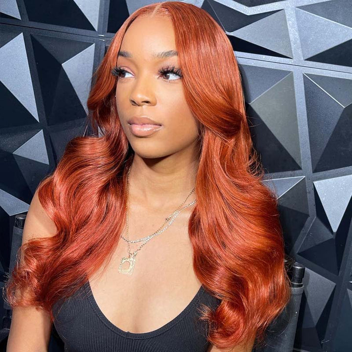 eullair Cooper Brown Body Wave Wig Glueless Layered Cut Curtain Bangs Orange Ginger Colored Human Hair Lace Frontal Wig