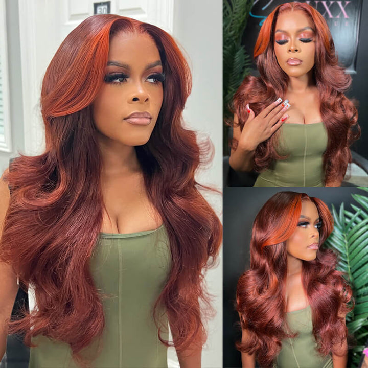 eullair Reddish Brown with Orange Ginger Highlights Layered Body Wave Wig Skunk Stripe Lace Frontal Wig