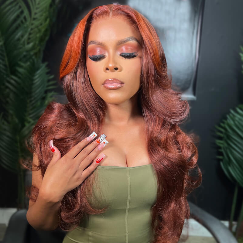 eullair Reddish Brown with Orange Ginger Highlights Layered Body Wave Wig Skunk Stripe Lace Frontal Wig