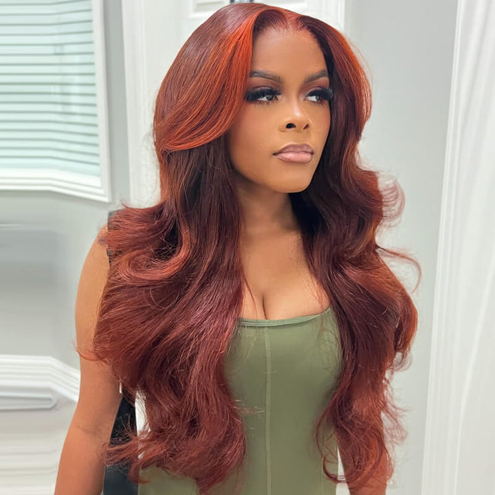 eullair Reddish Brown with Orange Ginger Highlights Layered Body Wave Wig Skunk Stripe Lace Frontal Wig