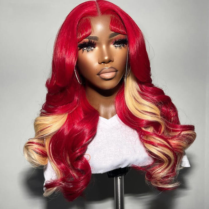 eullair Red Body Wave With Inner Blonde Human Hair 13x4 Lace Frontal Wig Transparent Lace For Black Women