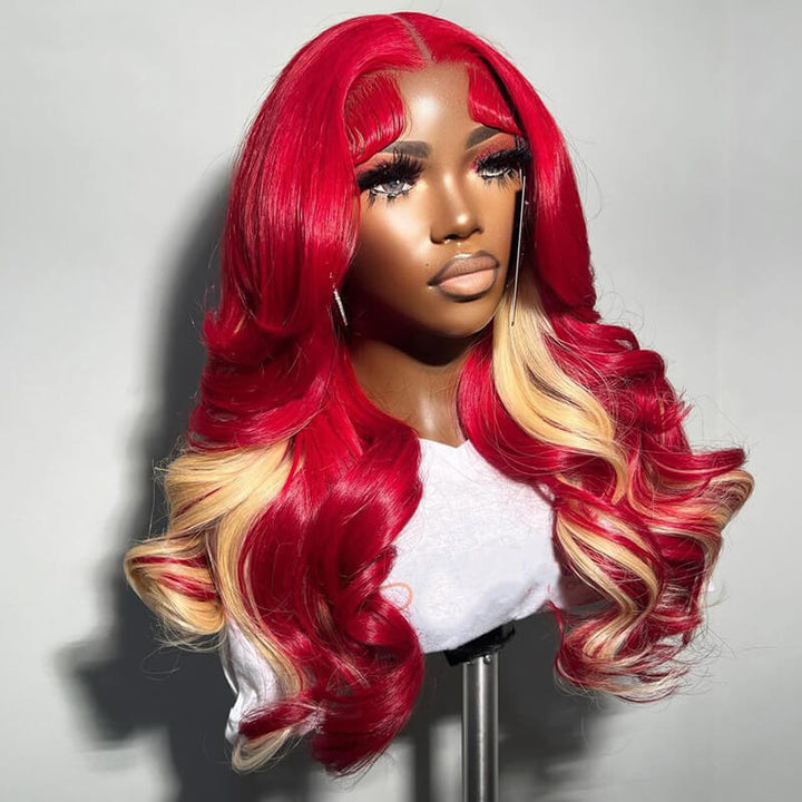 eullair Red Body Wave With Inner Blonde Human Hair 13x4 Lace Frontal Wig Transparent Lace For Black Women